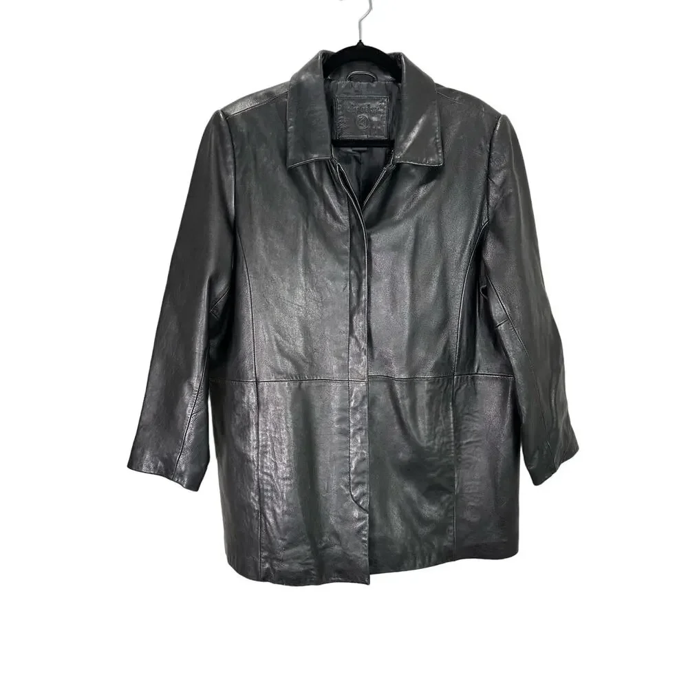Kathy Ireland Classic Black Car Length Leather Jacket Pockets Plus Size 1X